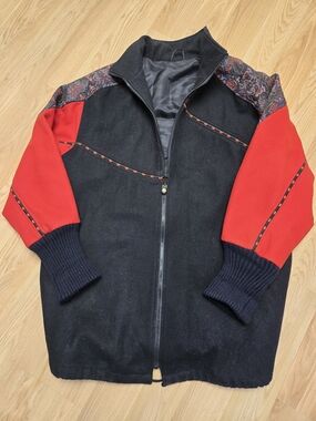 Sue Brett Black Wool Jacket with Red Sleeves and Patterned Shoulders